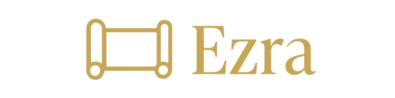 Ezra wordmark: a gold scroll beside the word Ezra