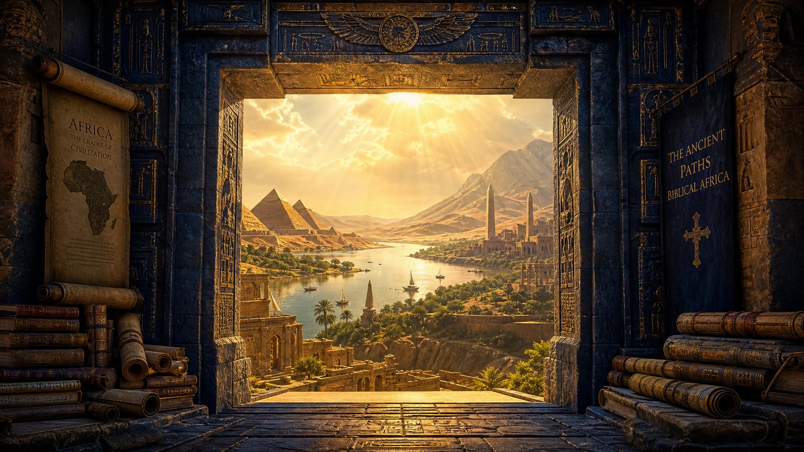 Ancient stone gateway opening to reveal biblical Africa with pyramids and the Nile