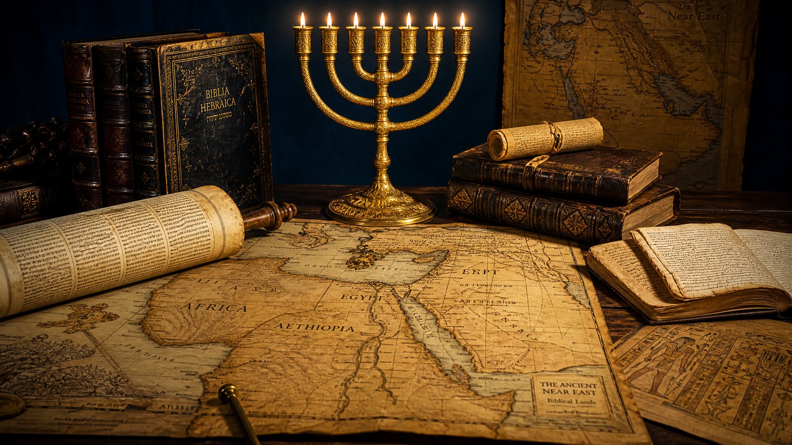 Ancient scrolls and manuscripts on a scholarly desk with golden menorah light
